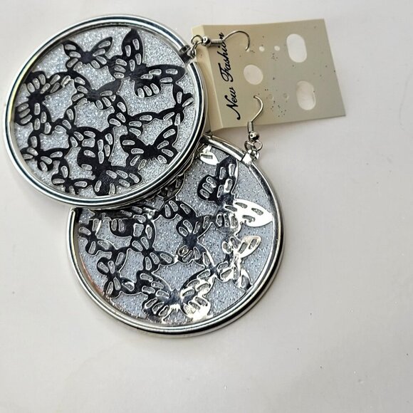 Silver Butterfly Earrings Silver Glitter Large Round Earrings Butterfly Earrings - Picture 3 of 5